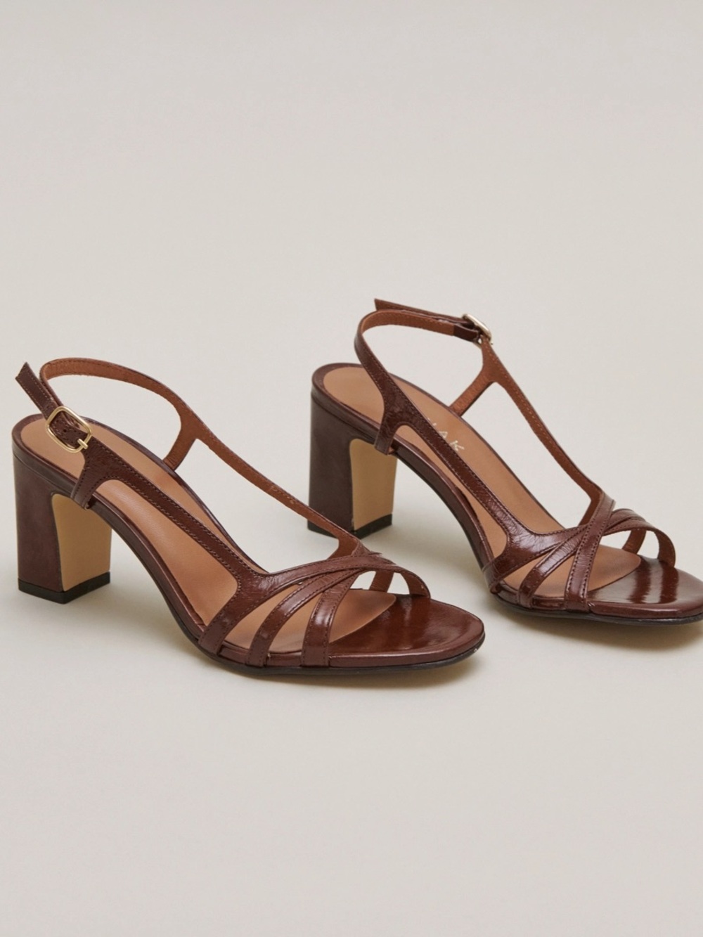 Brown Leather T-Strap Block Heel Sandals